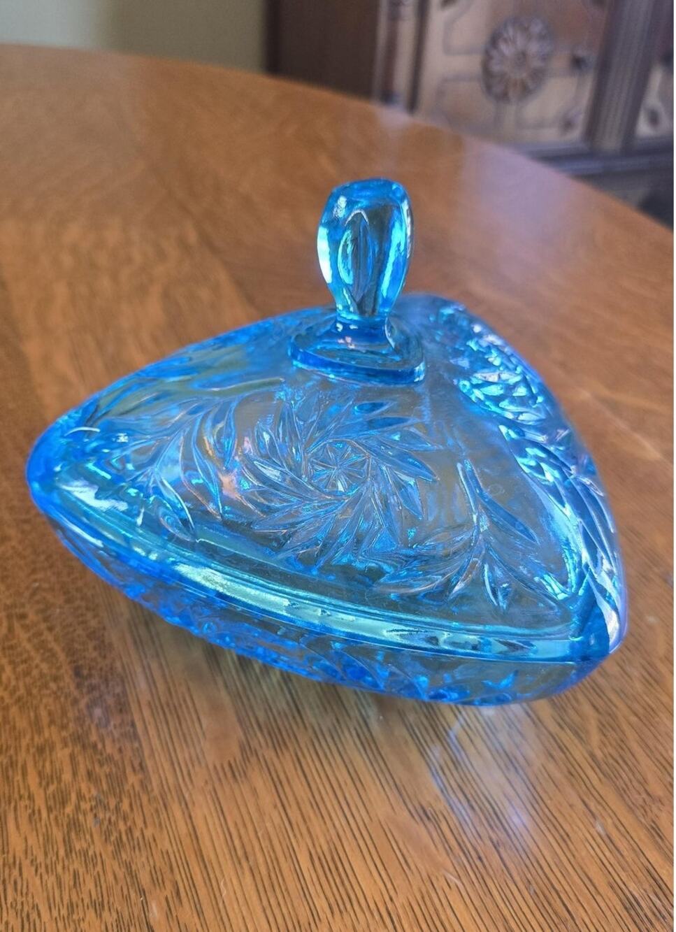 Vintage Blue Pressed Glass Covered Candy Dish Trinket Box Triangle Lidded Decor